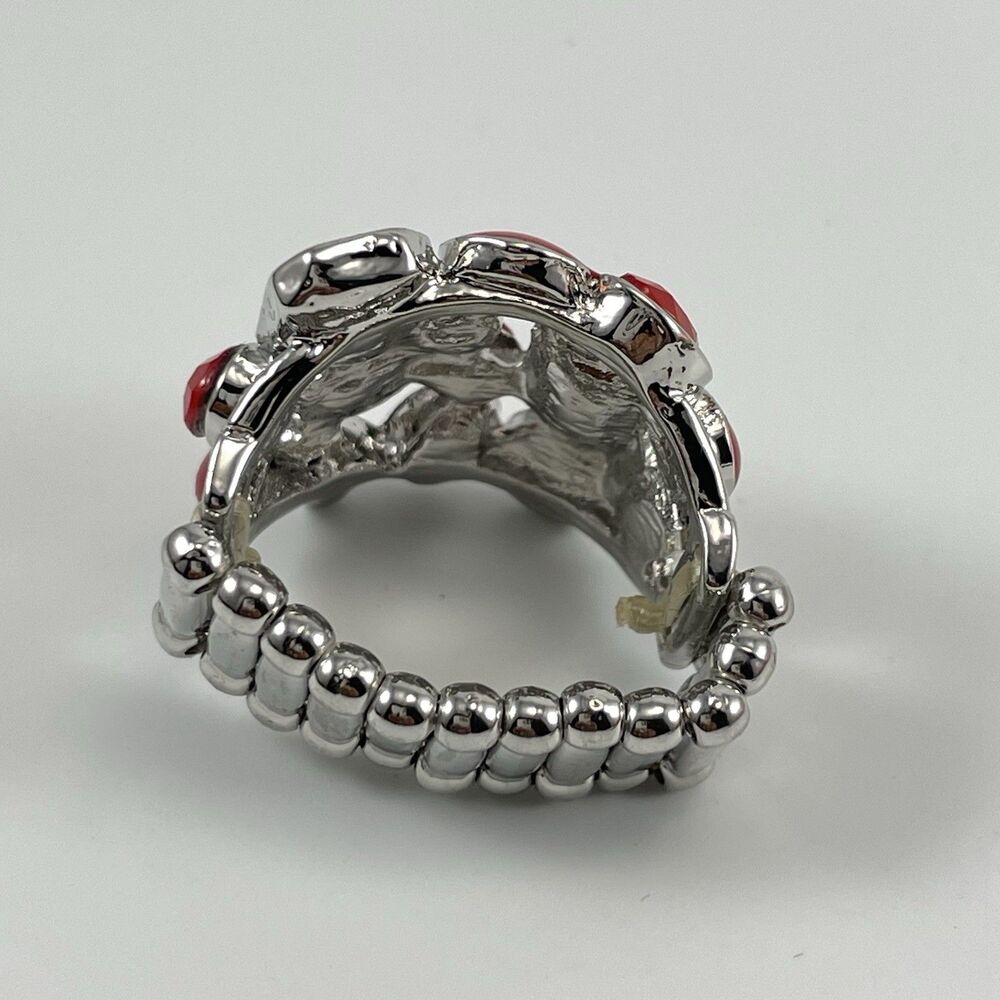 Silver Tone Red White Rhinestone Cluster Cocktail Ring Stretch Statement - Picture 6 of 7